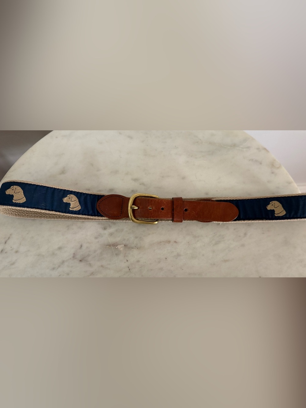 Vintage Surcingle Belt Navy Tan Canvas Leather Lab Dog Head Embroidery Size 34